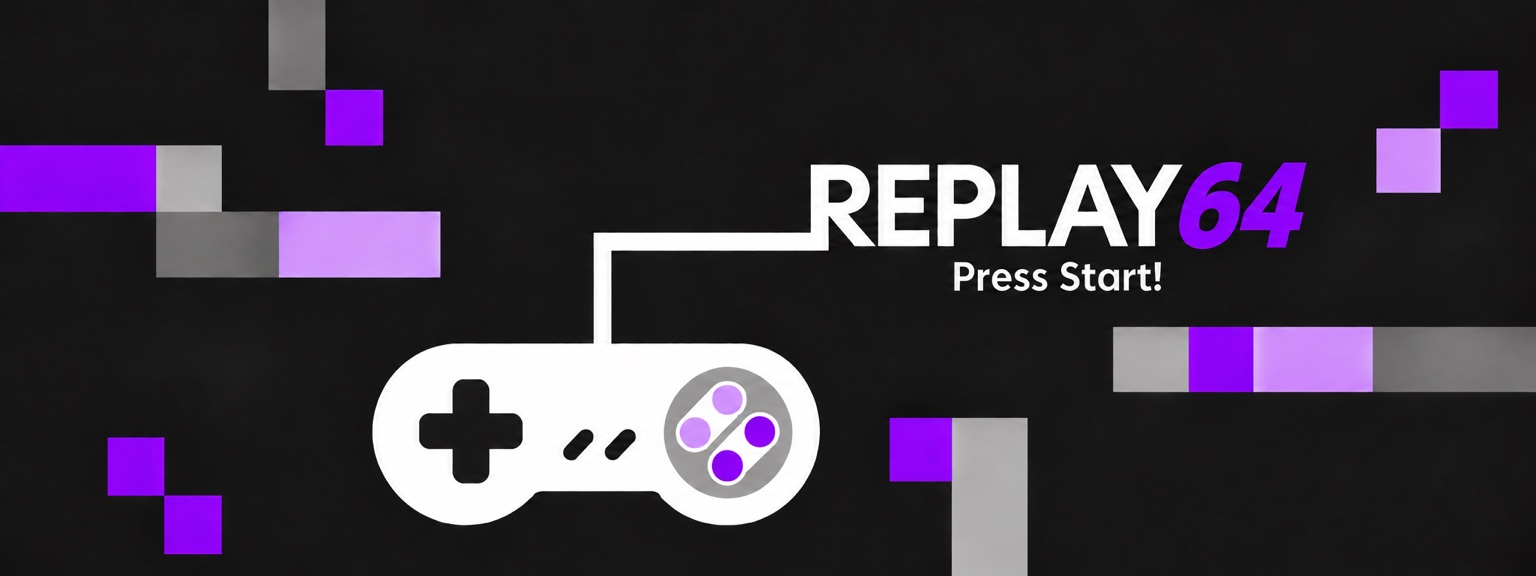 REPLAY64. Press Start! White game controller with purple buttons on a black background.